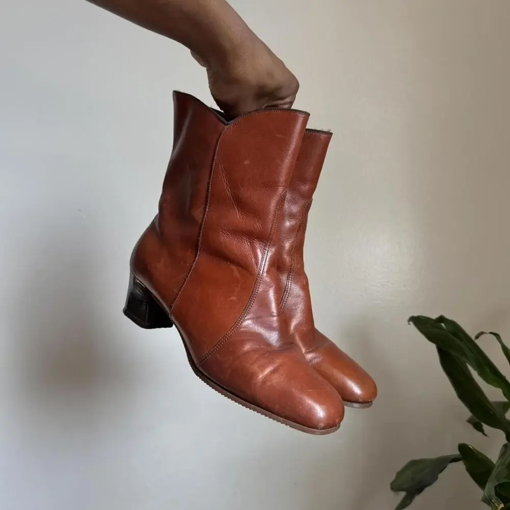Rare Vintage 70s/80s Cognac Leather Faux Fur‎ Lined Boots -Size 8